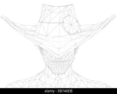 Ein Mann, der einen Cowboyhut trägt, ist schwarz-weiß gezeichnet. Der Hut ist nach links geneigt und hat eine Rautenform auf der Vorderseite. Das Gesicht des Mannes ist nicht gezeichnet Stock Vektor