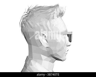 Ein Männerkopf und eine Brille. Der Mann trägt eine Sonnenbrille. Das Bild wird in Schwarzweiß angezeigt. Seitenansicht. 3D Stock Vektor
