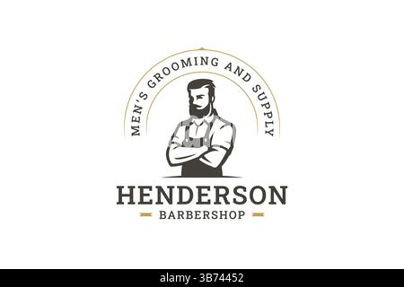 Modernes Barbershop-Logo mit einem stilvollen Gentleman in einer Vintage-Schürze. Retro- und professionelle Elemente, die den Schwerpunkt auf Pflege und Service legen. V Stock Vektor
