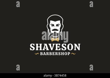 Stilvolles schwarz-weißes Logo mit Gentlemans-Profil, Schnurrbart, Schleife und Bart. Perfekt für Barbershop-Branding. Vektorabbildung Stock Vektor