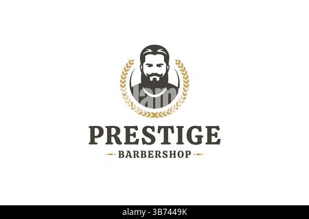 Elegantes Barbershop-Logo mit Gentlemans-Porträt, umgeben von einem Lorbeerkranz. Retro- und Vintage-Stil, perfekt für Branding. Vektorillustrat Stock Vektor