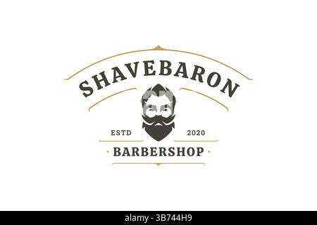 Klassisches Barbershop-Emblem mit stilvoller Bartsilhouette, Vintage-Schriftart und goldenen dekorativen Elementen. Vektorabbildung Stock Vektor