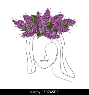 Porträt der Frau im Fliederblumenkranz. Konstruktionselement für kontinuierliche Linienzeichnung. Vektor-isolierte Abbildung Stock Vektor