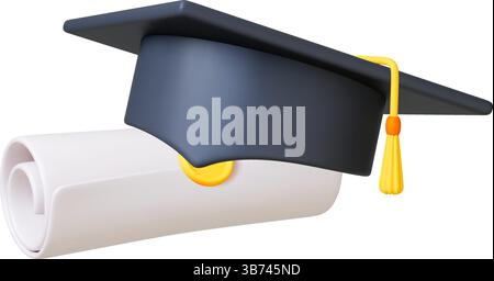 Bildlaufsymbol für akademischen Hut und Abschluss 3D. Isoliertes Abitur-, Zeugnis- oder Diplom-Element. Papierrolle mit Dichtung und schwarzem Graduiertenhut Stock Vektor