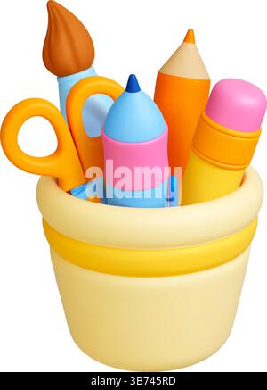 Kinderschulpapier in Tasse 3d Icon. Isolierter Kunststoffbehälter mit Stiftbürste und Schere. Büro, College, Universitätsbedarf, Vektor Stock Vektor