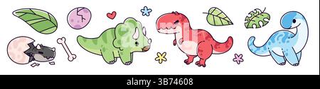 Niedliche Kawaii-Dinosaurier-Aufkleber - entzückende Baby-Dinos aus Ei, mollige triceratops, verspielter Brontosaurus, bezaubernde T-rex, dekorative Blätter und Blumen. Liebenswerte Jurassic-Zeichentrickfiguren. Stock Vektor
