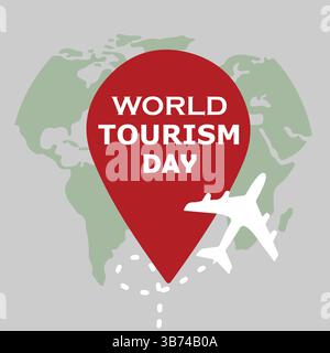 World Tourism Day Creative Concept mit Flugzeug- und Navigationssymbolen auf grauem Hintergrund, Weltkarte. Editierbare EPS-Vektordatei. Stock Vektor