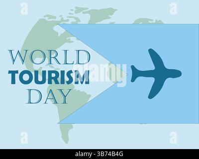 Kreatives Konzept des World Tourism Day mit Flugzeugsymbol auf blauem Hintergrund und Weltkarte. Editierbare EPS-Vektordatei für Reisethema. Stock Vektor
