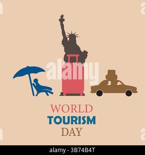 World Tourism Day Traveling Concept Rucksack mit Auto-Symbol isoliert auf rosa Hintergrund EPS editierbare Datei Vektor Illustration. Stock Vektor