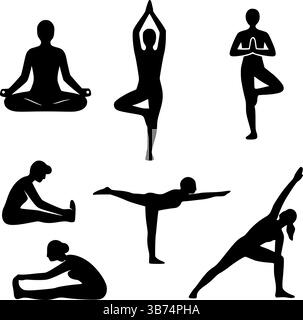 Yoga Silhouetten Vektorset – Meditation und Übungspositionen Stock Vektor