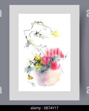 Frische getrocknete Blumen im Porzellantopf schmücken das Innere des Hauses an der Wandkunst. Aquarellgrafik Stock Vektor