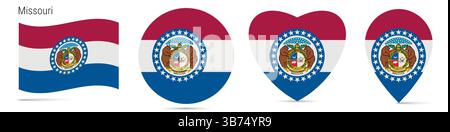 Missouri US State schwenkende Flagge, runder kreisförmiger Aufkleber, herzförmiges Symbol, Kartennadel. Flaggenschaltflächen unterschiedlicher Formen. Vektordarstellung isoliert Stock Vektor