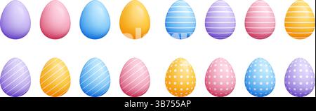 3D Vektor Pastell Ostereier Set - bunte feste ovale Karikaturformen, gestreifte diagonale Linien, Polka Dots Stock Vektor