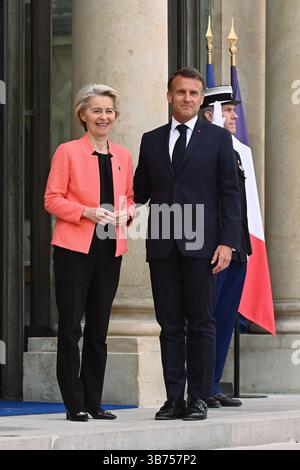 Paris, Frankreich. Mai 2025. Der Präsident der Republik, Emmanuel Macron, empfing am 5. Mai 2025 die Präsidentin der Europäischen Kommission, Ursula von der Leyen, im Schloss Elysee. - 05/05/2025 - France/Ile-de-France (Region)/Paris - Julien Mattia/Le Pictorium Credit: LE PICTORIUM/Alamy Live News Stockfoto