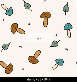 Handgezeichnetes nahtloses Muster mit beigefarbenen braunen Waldpilzen. Wald minimalistischer Krötenpilz, Wildpilz, Natur giftige Pflanzen Bio-Saison. Geschlechtsneutrale Kinderbetreuung Stockfoto