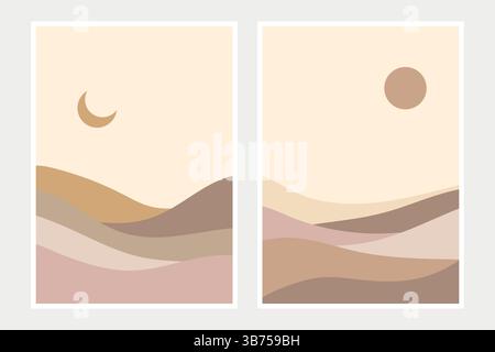 Moderne abstrakte zeitgenössische Wandkunst mit Feldern und Hügeln. Plakate für Naturlandschaften. Konzept für Banner, Flyer, Cover, Poster Stock Vektor