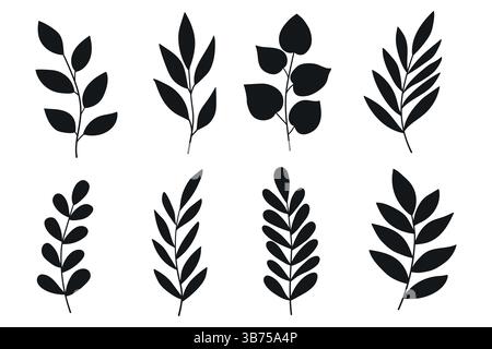 Simple Leafs and Zweig Silhouetten Set. Wilde Pflanzen hinterlassen schwarze Silhouetten auf weißem Hintergrund Stock Vektor
