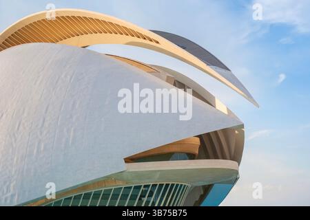 Vor dem Gebäude Ciutat de les Arts i les ciences mit der modernen Architektur des Palastes der Künste von Santiago Calatrava in Valencia, Spanien. Architektur Stockfoto