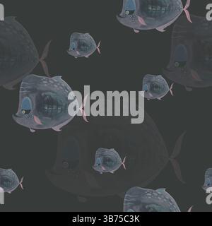 Gedämpftes nahtloses Fischmuster auf schwarzem Hintergrund. Dunkles Marine-Design. Handgemalte Aquarellillustration nachdenklicher Fische. Perfekt für die stilvolle Schule Stockfoto