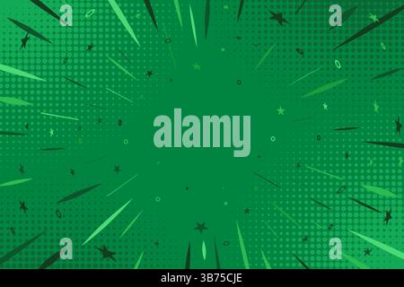Grüner Pop Art Comic Hintergrund. Moderner, kreativer Anime-Hintergrund im Halbtonstil mit Sternen und Strahlen für Retro-Cover, Banner und Poster Stock Vektor