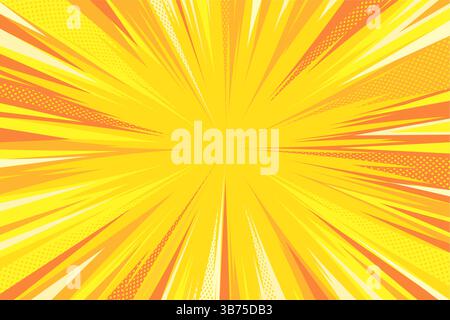 Gelber Hintergrund Im Comic-Stil. Moderne kreative Pop-Art-Rays im Halbtonstil Hintergrund. Bereinigen des Anime-Halbtonhintergrunds Stock Vektor
