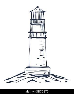 Leuchtturm Linear Vektor-Illustration auf der Küste Stock Vektor