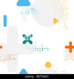 Vektorabbildung. Leuchtende Farben nahtloser cooler heller Neo-Hintergrund mit memphis-Musterformen und Halbtonpunkten. Designelemente für soziale Medien Stock Vektor