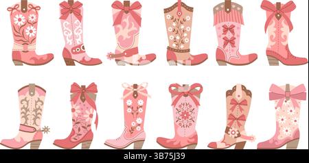 Cowgirl-Schuhe. Moderne Western Cowgirl Stiefel für Rodeo neueres Vektor süßes Set im flachen Stil Stock Vektor