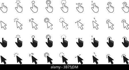Klicken Mit Handgesten Und Cursorsymbole Linien- Und Volumenkörpersatz. Zeiger- Und Tippsymbol-Sammlung. Abbildung Des Isolierten Vektors Stock Vektor