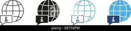Globus Mit Symbolsatz Für Sprechblase Mit Informationen. Globale Kommunikation, Informationsaustausch Und Weltweite Konnektivität – Outline Und Silhouette-Symbol Stock Vektor