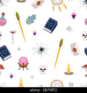 Magische Elemente des Assistenten. Magier-Gegenstände Cartoon, Glaskugel, Buch der Zaubersprüche, Zauberstab mit Kristall, Spinne im Web. Halloween Druckvorlage, Vektor Stock Vektor