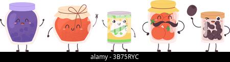 Papierstau-Jalousien und Zeichen bleiben erhalten. Lustiges Glas mit Marmelade, Oliven und Tomaten. Netter positiver Essenscharakter, kindliche Maskottchen, Vektorclipart Stock Vektor
