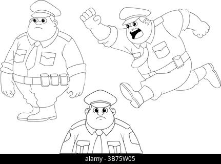 Set von Zeichentrickfiguren im Doodle-Stil mit fetten Polizistenfiguren in verschiedenen Posen Stock Vektor