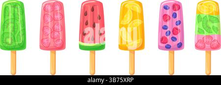 Fruchteiskel. Popsicle Cartoon Eis auf Stock, gefrorenen Saft Wasser eskimo frische Erdbeere Kiwi Wassermelone Aromen Eis Popstick Sommer Lutscher, saubere Vektor Illustration Original Kunstwerk Stock Vektor