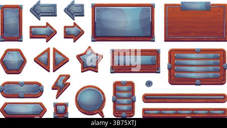 Spielschnittstelle aus Holz und Metall. Hölzerne Namensschilder mit eisernen Nieten Rahmen, mittelalterliches rpg Spiel ui Elemente Zeichentrickplatten Button Panels Pfeile Zeichen, Spielmenü Swanky Vektor Illustration Original Artwork Stock Vektor