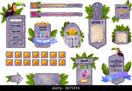 Dschungelspiel-Oberfläche. Steine Felsen mit grünen Blatt ui Elemente, Stein azteken maya Ruinen quadratische Taste Rahmen Level Bar 2D rpg Fantasy Spiel Spiel Spiel Zeichen, Set Swanky Vektor Illustration Original Artwork Stock Vektor