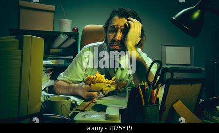 Ein müder Mitarbeiter hält ein Sandwich mit freiem Blick auf einen chaotischen Schreibtisch, umgeben von Papierkram, zeigt Burnout, Erschöpfung, Stressgefühle und Druck. Stockfoto