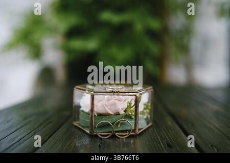 Der Verlobungsring und die Eheringe der Braut und des Bräutigams in einer dekorativen Glasbox mit einer rosa Blume im Inneren auf einem verschwommenen Hintergrund. Stockfoto