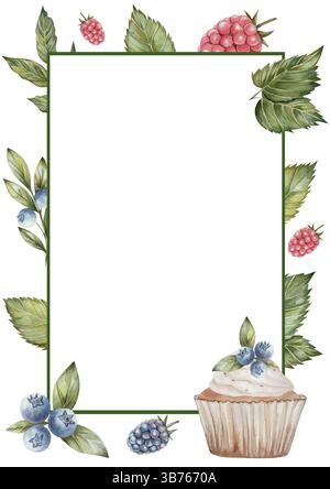 Rechteckiger Rahmen mit grünen Blättern, Himbeeren und Heidelbeermuffin, mit Platz für Text. Das Design ist perfekt für Einladungen, Karten, Rezeptvorlagen, Geburtstagsansagen, Hochzeitszubehör Stockfoto