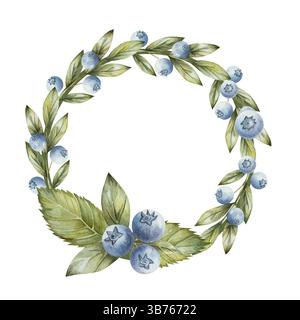 Hellgrüner runder Rahmen mit Blaubeerblättern und Beeren in realistischem Stil. Aquarellabbildung isoliert auf weißem Hintergrund. Zur Dekoration von Plakaten, Karten, Einladungen Stockfoto