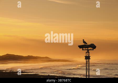 Blick auf das Bamburgh Castle bei einem spektakulären Sonnenuntergang von den Seahouses, Großbritannien Stockfoto