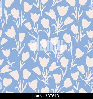 Dicht ditsy florale nahtlose Vektormuster Weiße Tulpenformen auf pastellblauem Hintergrund, Stoffdruck. Vektorabbildung Stock Vektor