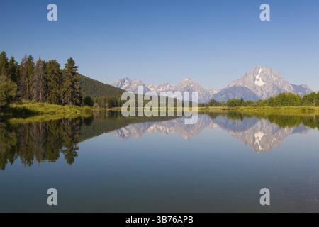 Blick auf die Grand Teton Mountains vom Oxbow Bend am Snake River. Grand Teton National Park, Wyoming, USA, Nordamerika Stockfoto