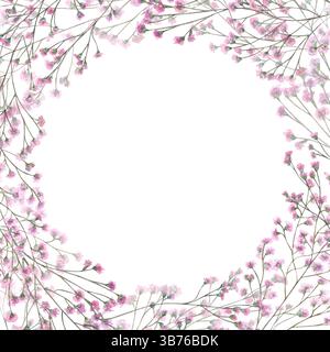 Aquarell ineinander verwobene rosa gypsophila-Zweige Kranz isolierter Hintergrund. Handgemalte Baby-Atem-Blumen-Illustration mit leerem Platz für Text. Stockfoto
