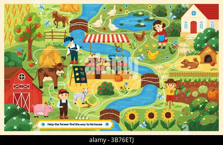 Bauernhoflabyrinth. Kinderspiel mit Labyrinth, Tier auf der Karte finden. Niedliche Gartenaktivität, Landweg. Modernes Dorffeld und Garten. Frühlingsnatur. Kinderspielseite. Vektor-Cartoon-Illustration Stock Vektor
