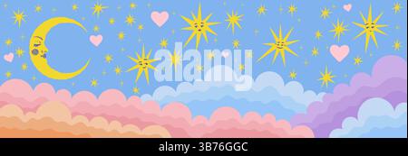 Baby-Hintergrund. KinderTapete für den Schlaf im Kinderzimmer, kindlicher Nachthimmel mit Mond und Sternen und rosa Wolken. Niedlicher Himmel-Schlafzimmer-Horizontal-Banner. Ruhige Wolkenlandschaft-Vektor-Cartoon-flache isolierte Illustration Stock Vektor