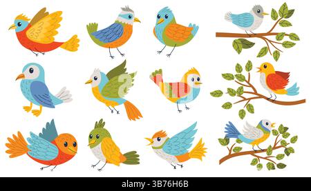 Set aus farbenfrohen Zeichentrickvögeln in flachem Stil, mit verschiedenen Arten mit hellen Federn. Fliegende Vögel und Vögel, die auf Ästen sitzen, die auf wh isoliert sind Stock Vektor