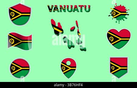 Sammlung von Flaggen und Wappen von Vanuatu in flachem Stil mit Karte und Text Stock Vektor