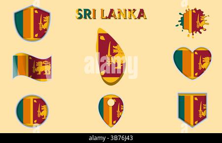 Sammlung von Flaggen und Wappen von Sri Lanka in flachem Stil mit Karte und Text Stock Vektor