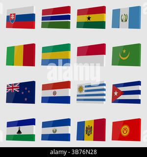 Großer Satz von Vektor-Länderflaggen mit Markierungen im isometrischen Stil Stock Vektor